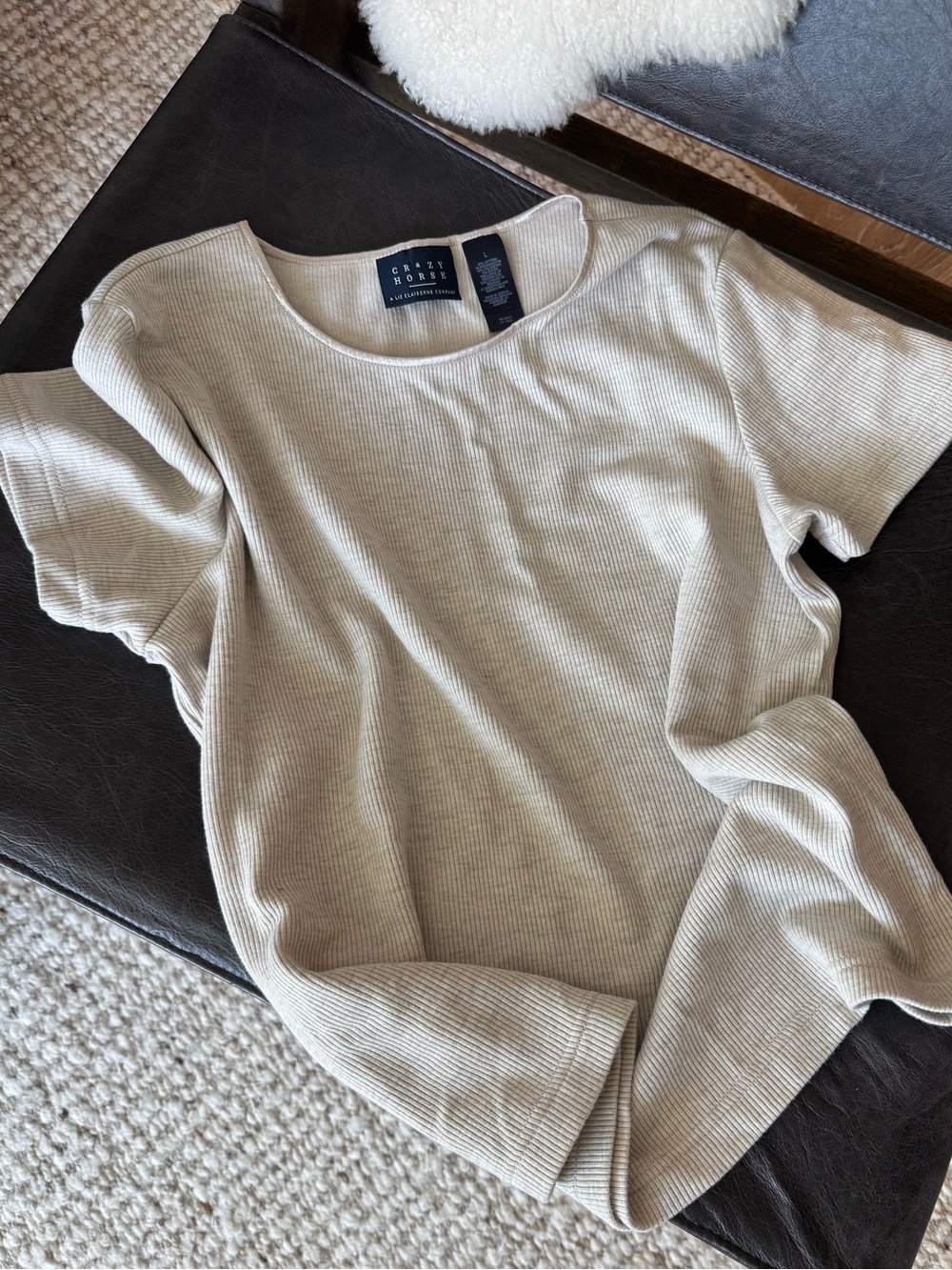 Vintage 90s Crazy Horse Liz Claiborne Ribbed Tee Oatmeal Tan Size L